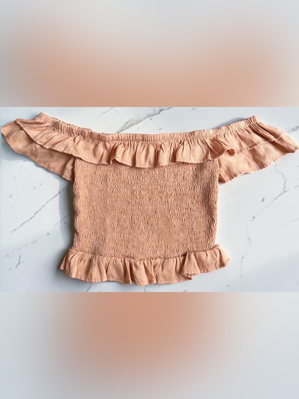 Windsor Peach Off-Shoulder Ruffle Crop Top